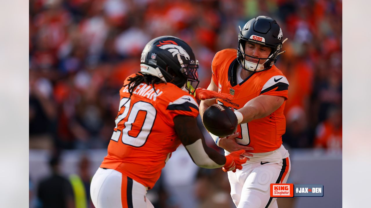Jonah Coleman takes a handoff from Bo Nix during Denver’s Week 2 win over the Jaguars.